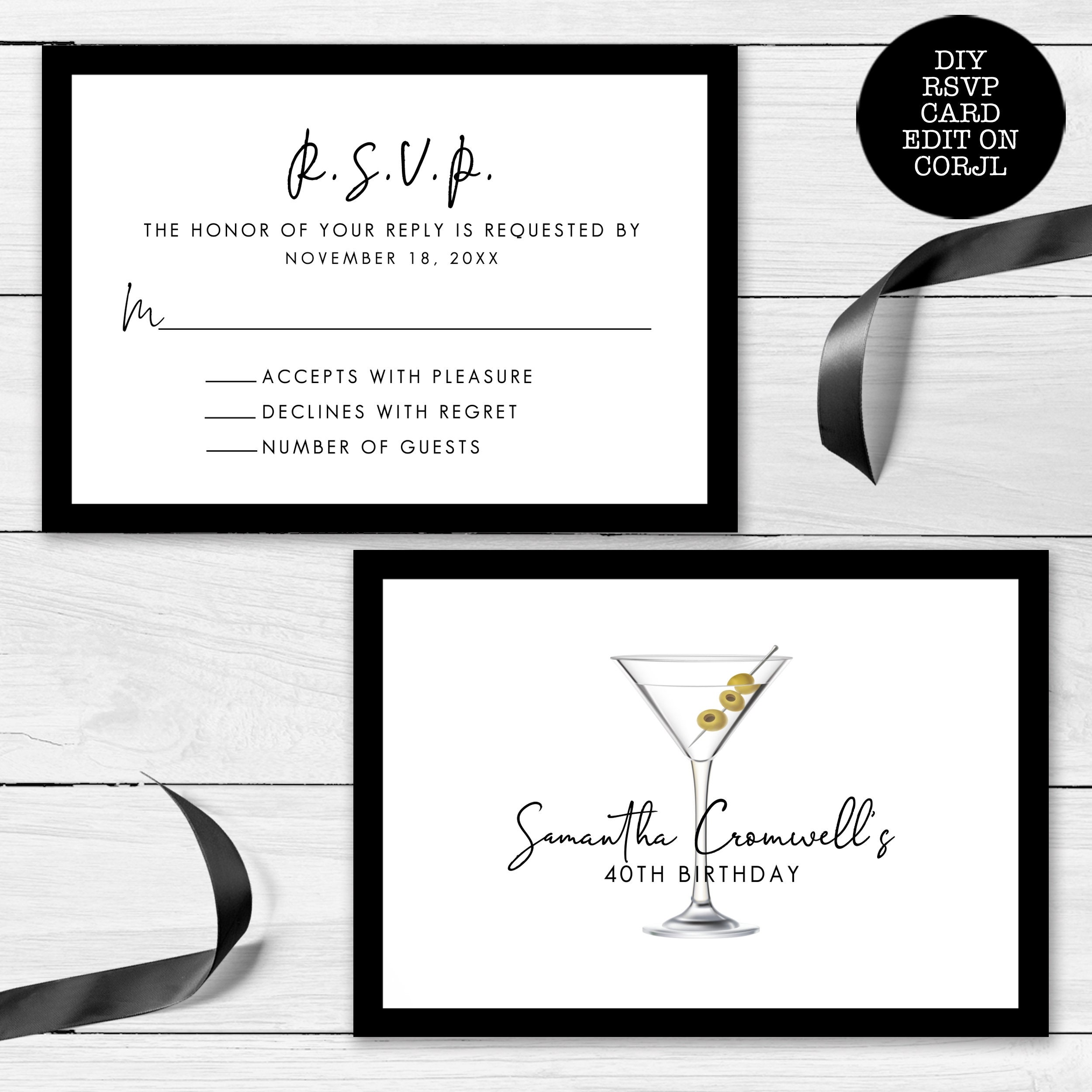 Printable Response Card Enclosure Card Corjl Template Black and White RSVP Card Retro RSVP card Instant Download RSVP Card Template