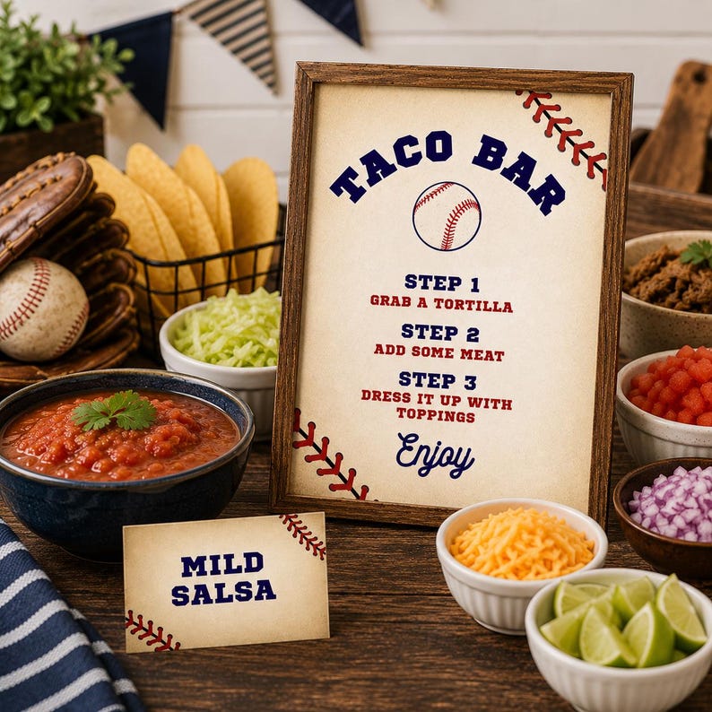 Puede incluir: Un letrero enmarcado con el texto TACO BAR, STEP 1 GRAB A TORTILLA, STEP 2 ADD SOME MEAT, STEP 3 DRESS IT UP WITH TOPPINGS y Enjoy, decorado con gr&aacute;ficos de b&eacute;isbol. Una peque&ntilde;a tarjeta a juego dice MILD SALSA, colocada cerca de cuencos de comida.