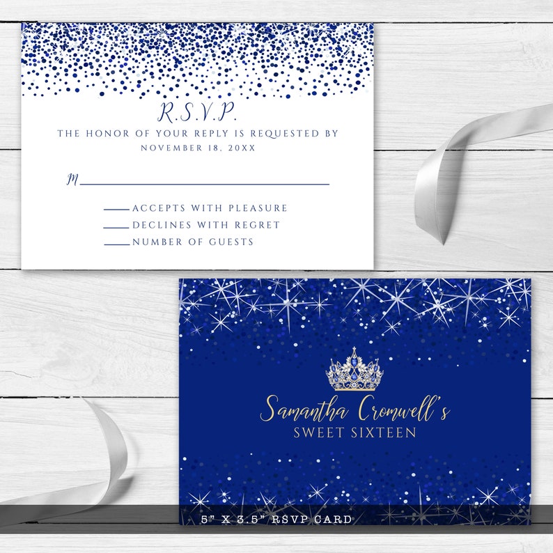 Royal Blue and Gold Quinceanera Response Cards. A stunning royal blue design created with faux glitter on a blue background and crown accent. Designed By MetroEvents.