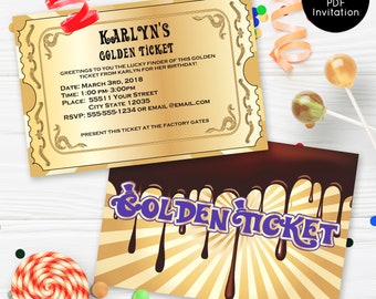 Golden Ticket Invitations, Chocolate Factory Invitations, Golden Ticket Party Invitations, Printable Invitations, Instant Download