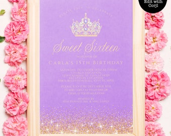 Lavender and Gold Sweet Sixteen Invitation, Sweet 16 Birthday Invitations, Printable Sweet 16 Invitations, Corjl Template, Instant Download
