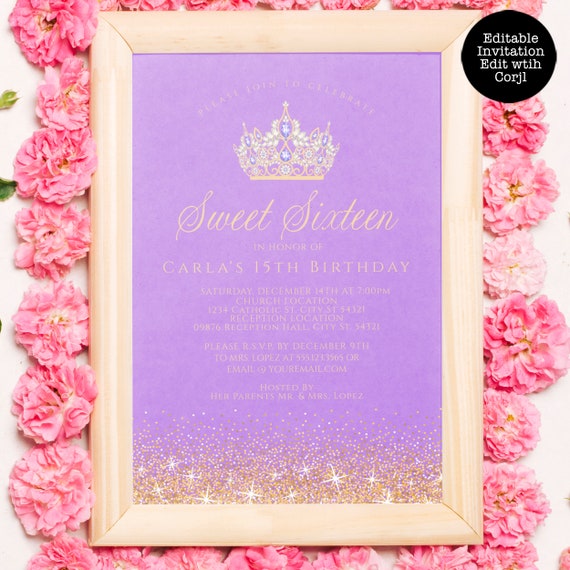 Lavender And Gold Sweet Sixteen Invitation Sweet 16 Birthday 