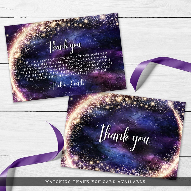 Night under the stars, galaxy-themed thank you card. This design is created with a star-filled purple and blue starry sky background with a half-ring of shooting stars training through it. Designed by MetroEvents.