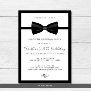 Editable black and white invitation great for galas, black tie weddings, charity auctions, corporate parties & more. Featuring a tuxedo bowtie and elegant, editable typography. Designed by MetroEvents.