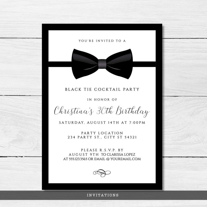 Editable black and white invitation great for galas, black tie weddings, charity auctions, corporate parties & more. Featuring a tuxedo bowtie and elegant, editable typography. Designed by MetroEvents.