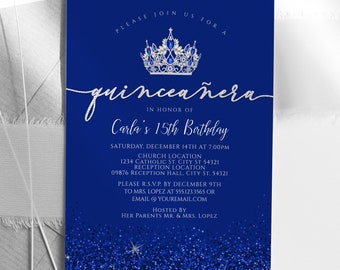 Editable Royal Blue Glitter Quinceanera Invitation, Quinceañera Invitations, Quinceañera Crown Invitation, Printable Quince Invitations