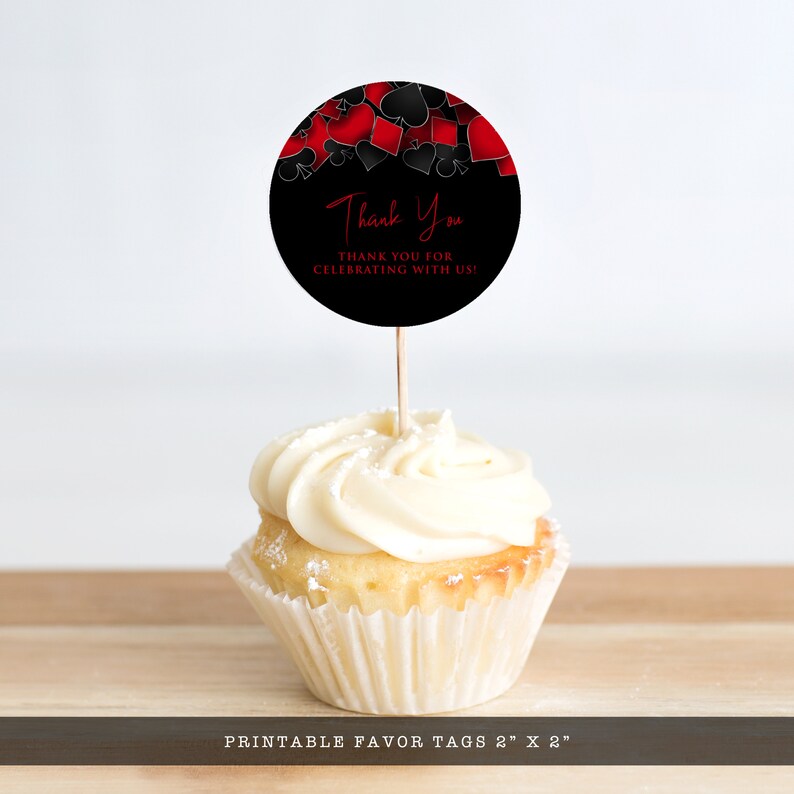 Roll the dice, throw down your royal flush it's casino night! Fun and elegant adult party cupcake toppers are designed with a black background with hearts, spades, diamonds, and clubs' upper frame. Designed by MetroEvents