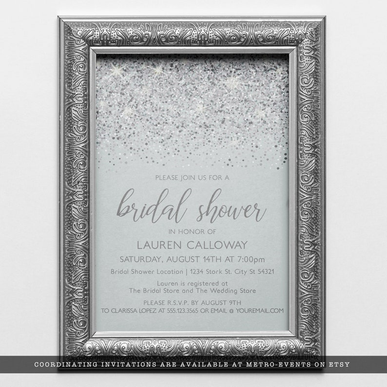 Sparkling Silver Glitter Invitations. A glam style invite created with faux silver glitter on a coordinating silver background with elegant text. Designed By MetroEvents.