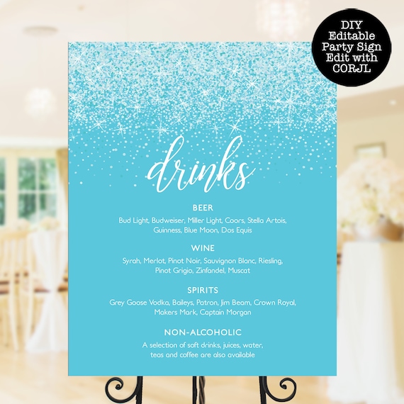 Aqua Glitter Drink Menu Signs, Glitter Drink Menu, Drink Menu Template, Drink Menu Sign, Printable Bar Menu, Instant Download, Cocktail Sign Il_570xn