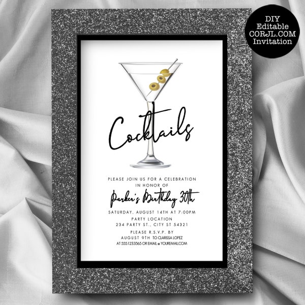 Black and White Cocktail Party Invitations, Housewarming Party Invitations, Martini Glass Invitation, Printable Invitations, Retro Invites