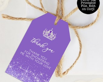 Purple Glitter Favor Tags, Purple Glitter Tags, Purple Glitter Favor Tag, Printable Thank You Tag, Purple Gift Tag, Purple Princess Gift Tag