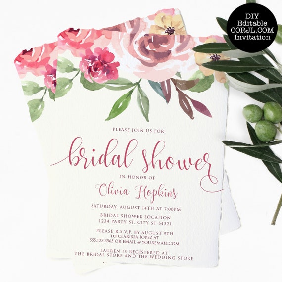 Pink and Peach Floral Bridal Shower Invitations, Floral Bridal Shower Invitations, Shower invitations, Printable Invitation, Corjl Template Il_570xn