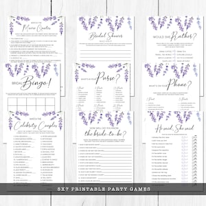 Op de afbeelding: Een set printbare bruiloftsspelletjes met een lavendelbloemthema. De spellen omvatten "Match the Movie Quotes", "Bridal Bingo", "Match the Celebrity Couples", "What's in Your Purse", "Would She Rather", "What's on Your Phone", "How Well Do You Know the Bride-to-Be" en "He Said, She Said".