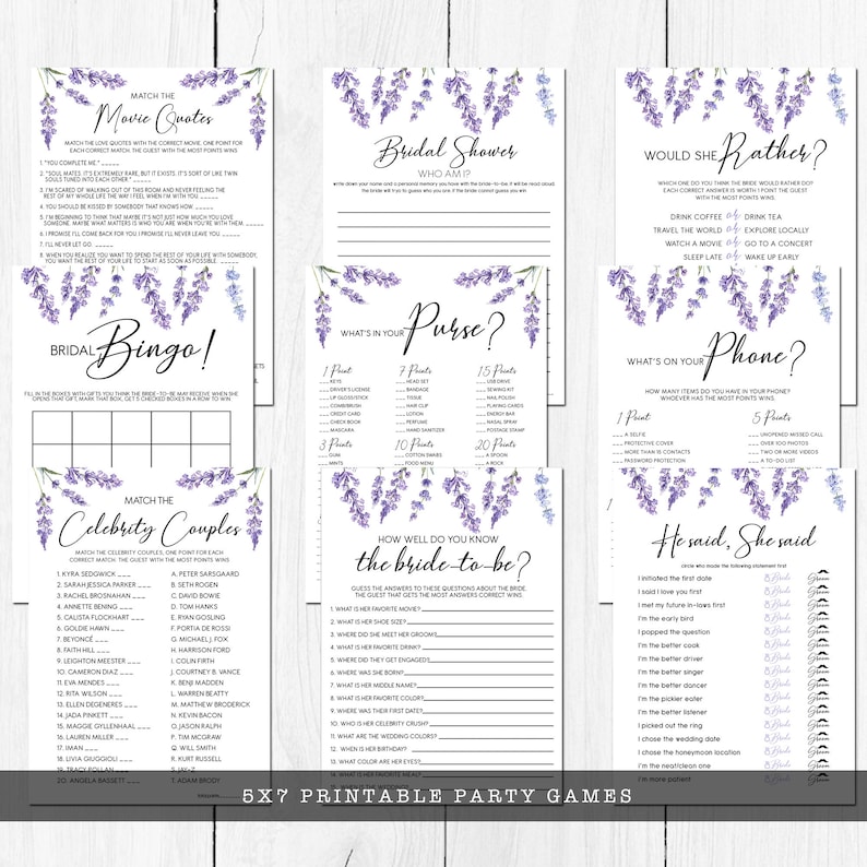 Op de afbeelding: Een set printbare bruiloftsspelletjes met een lavendelbloemthema. De spellen omvatten "Match the Movie Quotes", "Bridal Bingo", "Match the Celebrity Couples", "What's in Your Purse", "Would She Rather", "What's on Your Phone", "How Well Do You Know the Bride-to-Be" en "He Said, She Said".