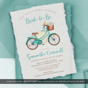 Rustic Bicycle and Daisy-Themed Bridal Shower Invitation. This whimsical design is created with a vintage teal green bicycle with daisy accents and a yellow canary. Designed By MetroEvents.