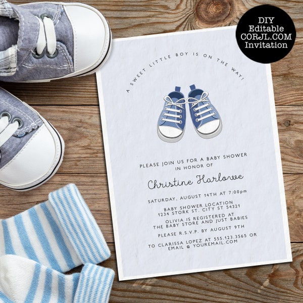 Baby Shower Invitations, Baby Sneakers Invitations, Printable Baby Shower Invitations, Sporty Baby Shower Invite, Corjl Template, Invitation