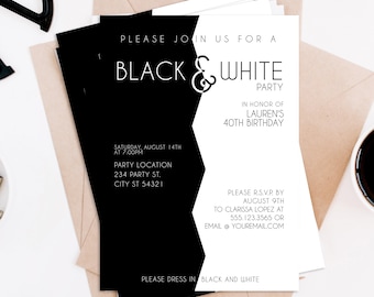 Stylish Black and White Party Invitations, Adult Party Invitation, Black and White Party, Instant Download, Corjl Template, Printable Invite