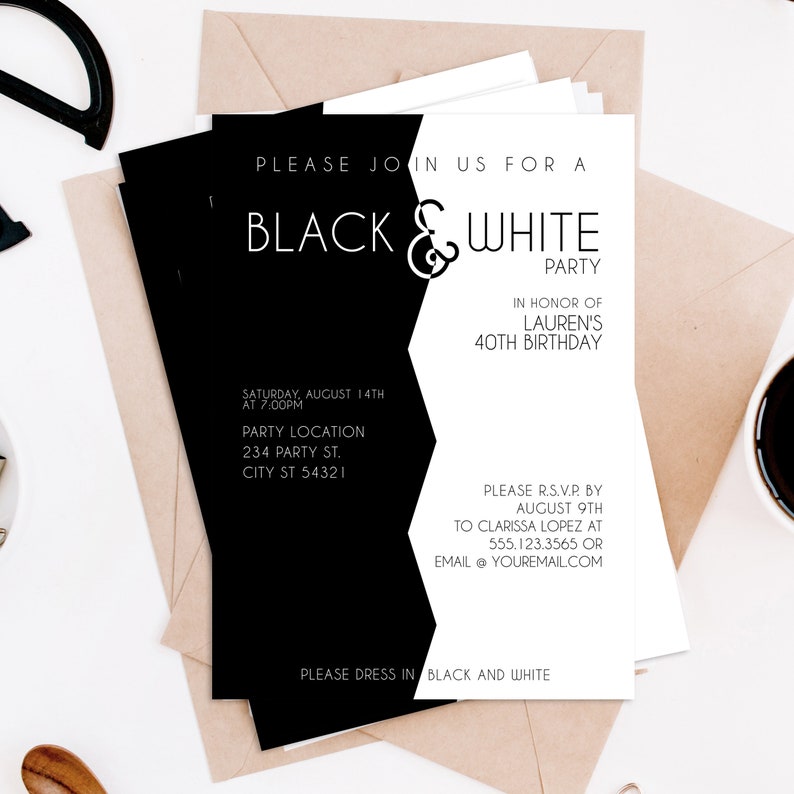 Modern and Sleek Black and White Party Invitations. Designed by MetroEvents.