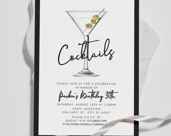 Editable Black and White Cocktail Party Invitations, Housewarming Party, Martini Glass Invitation, Printable Invitations, Retro Invites