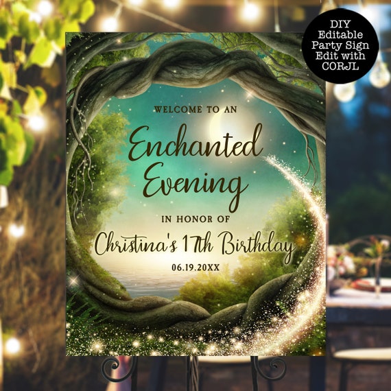Enchanted Forest Welcome Sign, Enchanted Welcome Signs, Printable Party Sign, Instant Download, Corjl Template, Magical Themed Party signs Il_570xn