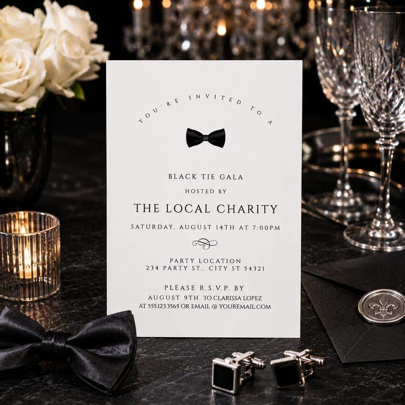 May include: A white rectangular invitation card with black text and a small black bow tie graphic. The text reads: You're invited to a Black Tie Gala hosted by The Local Charity on Saturday, August 14th at 7:00pm, with RSVP details included.
