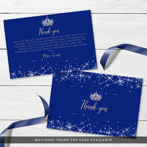 Royal Blue and Gold Quinceanera Thank You Cards. A stunning royal blue design created with faux glitter on a blue background and crown accent. Designed By MetroEvents.
