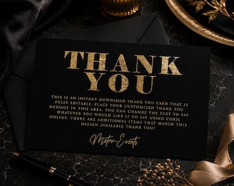 Black and Gold Thank You Card Template, Editable Thank You Note, Elegant Printable Thank You Card, Modern Gold Thank You Instant Download