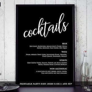 Panneaux de menu de cocktails noir et blanc, panneau de fête moderne, modèle de menu de cocktails, panneau de menu de boissons, panneaux de bar modifiables, téléchargement instantané