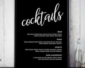 Modern Cocktail Menu Sign: Black and White Party Decor (Instant Download)