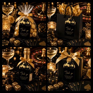 May include: A collection of casino-themed party favours including a clear cellophane bag, a black gift bag, a champagne bottle, and a black gift box, all featuring gold ribbon bows and black tags with the text Thank you for celebrating with us.