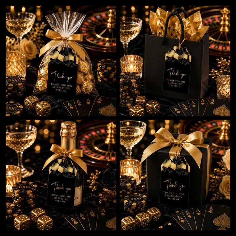 May include: A collection of casino-themed party favours including a clear cellophane bag, a black gift bag, a champagne bottle, and a black gift box, all featuring gold ribbon bows and black tags with the text Thank you for celebrating with us.
