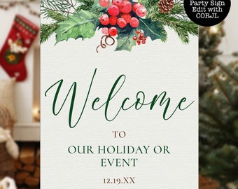 Floral Holiday Welcome Signs, Pine Holiday Menu Sign, Printable Welcome Sign, Instant Download, Holiday Sign, Christmas Signs, Sign Template