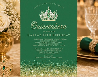 Gold Quinceañera Invitation Template, Editable Sweet 15 Invitation, Elegant Gold Glitter Quince Invite, Mis Quince Party Invitation