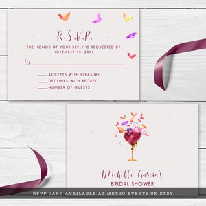 May include: RSVP card with a watercolor butterfly design. The card is for a bridal shower and includes the text "R.S.V.P." and "Michelle Garcia's Bridal Shower".