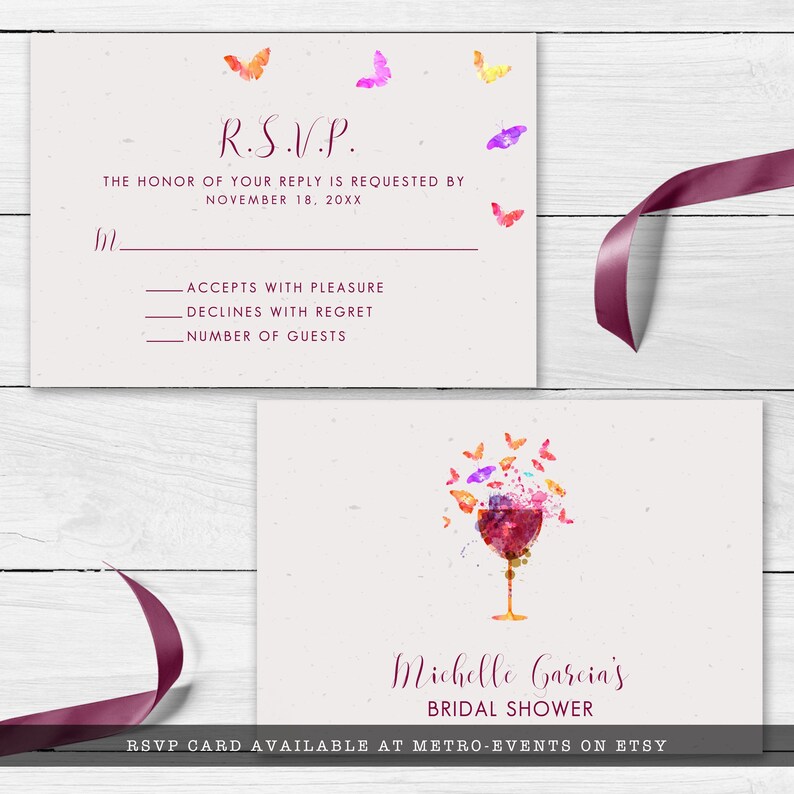 May include: RSVP card with a watercolor butterfly design. The card is for a bridal shower and includes the text "R.S.V.P." and "Michelle Garcia's Bridal Shower".