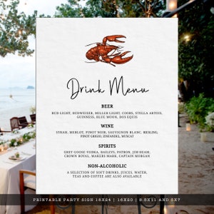 Lobster Drink Menu Sign, Lobster Boil Signs, Lobster Menu Template, Editable Menu Sign, Printable Bar Sign, Instant Download, Corjl Template