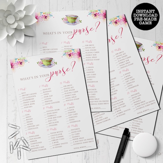 Tea Party Bridal Shower Game, What's in your Purse Game, Purse Hunt Game, Instant Download, Floral Bridal Shower Game, Printable Games Il_570xn