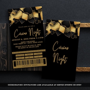 May include: Two rectangular Casino Night event invitations featuring a black background with gold and black playing card suit icons at the top. The left invitation includes text details, a ticket-style section, row, seat, and a barcode with ADMIT ONE.