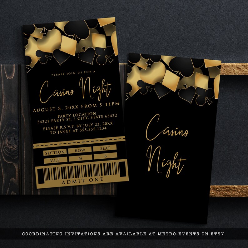 May include: Two rectangular Casino Night event invitations featuring a black background with gold and black playing card suit icons at the top. The left invitation includes text details, a ticket-style section, row, seat, and a barcode with ADMIT ONE.