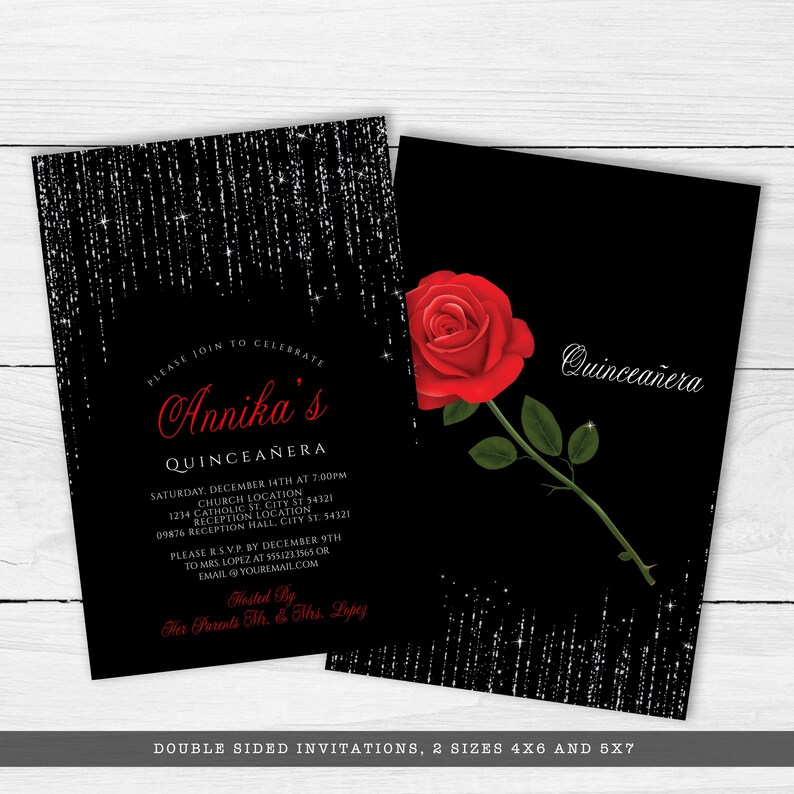Editable Invitations For sweet 16 parties or Quinceanera features silver sparkles falling from the top of a black background with red rose accents. Designed By MetroEvents.