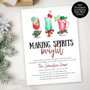 Christmas Cocktail Invitations, Christmas Invitation, Editable Invitation, Making Spirits Bright, Printable Invitation, Holiday Invitation image 1