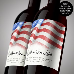 Étiquettes de vin drapeau américain, étiquette de vin imprimable, étiquettes de vin personnalisées, modèle Corjl, étiquette de vin patriotique, étiquette de champagne sur le thème du drapeau