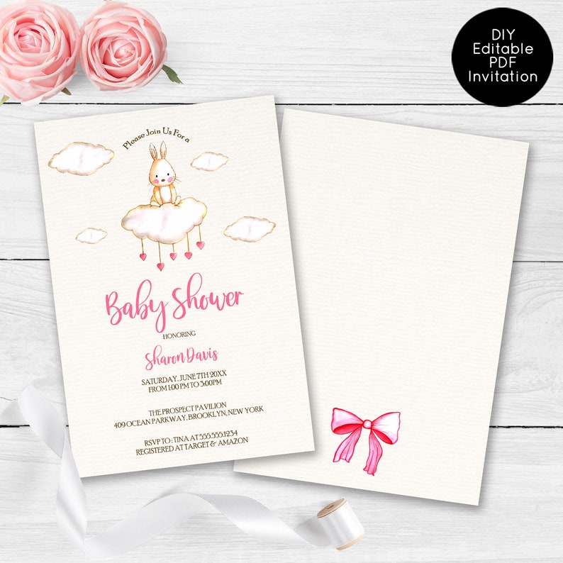 Pink Bunny Baby Shower Invitations Cute Bunny Baby Shower Etsy
