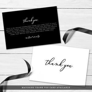 May include: Black and white thank you card with a simple handwritten font. The text reads "thank you". The card is fully editable and includes instructions for customizing the text. The card is available for instant download.