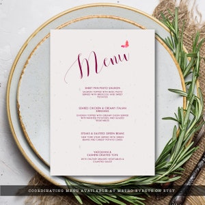 May include: A printable menu template with a watercolor butterfly design. The menu features a variety of dishes, including sheet pan pesto salmon, seared chicken with creamy Italian dressing, steaks and sauteed green beans, and vadouvan and cashew-crusted tofu. The text "Coordinating Menu Available at Metro-Events on Etsy" is at the bottom of the page.