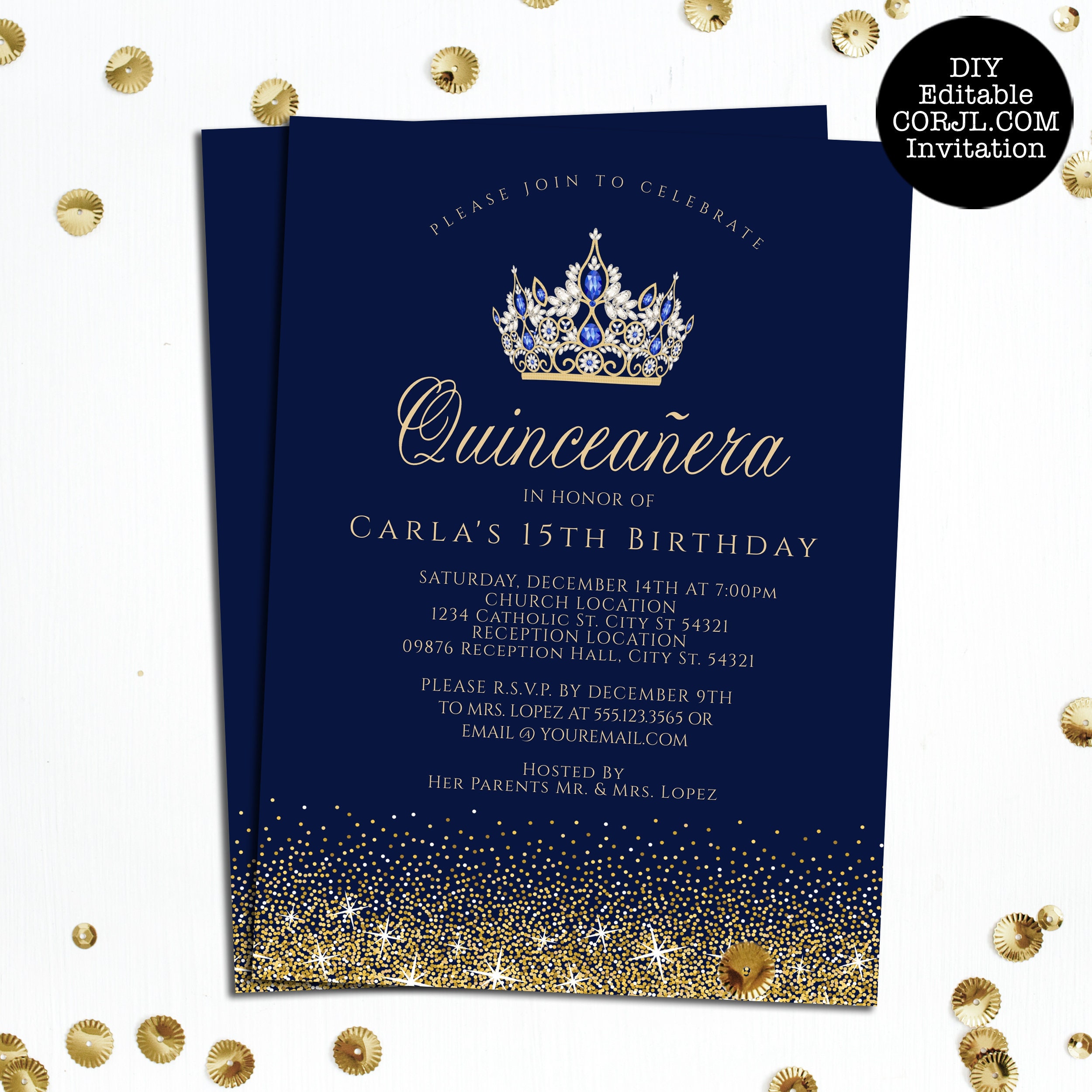 Navy Quinceanera Invitations, Gold and Blue Glitter Quinceanera