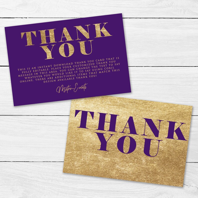 Purple and Gold Foil Thank You Card, Faux Gold Foil Thank You Card, Thank you Card, Gold Thank You Card, Corjl Thank You Card Template, DIY image 4