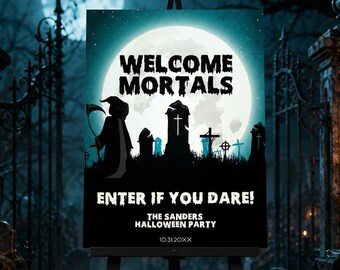 Grim Reaper Halloween Welcome Sign, Graveyard Party Sign, Editable Halloween Decor, Haunted House Entrance Sign