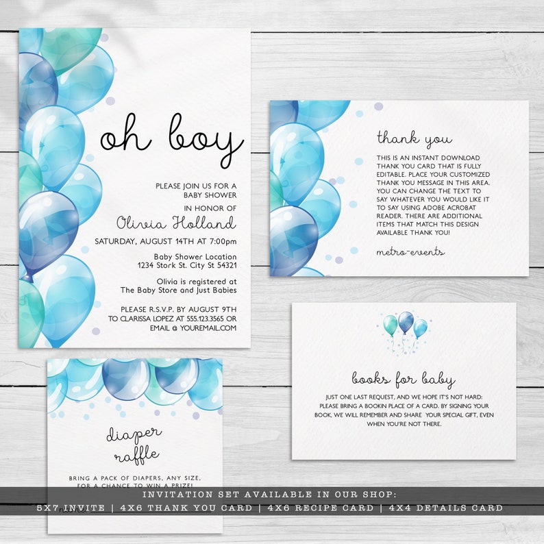 Oh Boy Baby Shower Invitations, Baby Boy Shower Invitation, Blue Balloon Invitation, Printable Invitation, Instant Download, Baby Boy Invite image 6