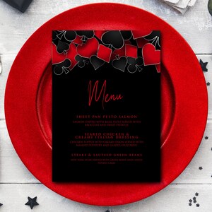 Casino night dinner menu bundle designed with hearts, diamonds, clubs, and spades framing the top in red and black. Designed By MetroEvents.